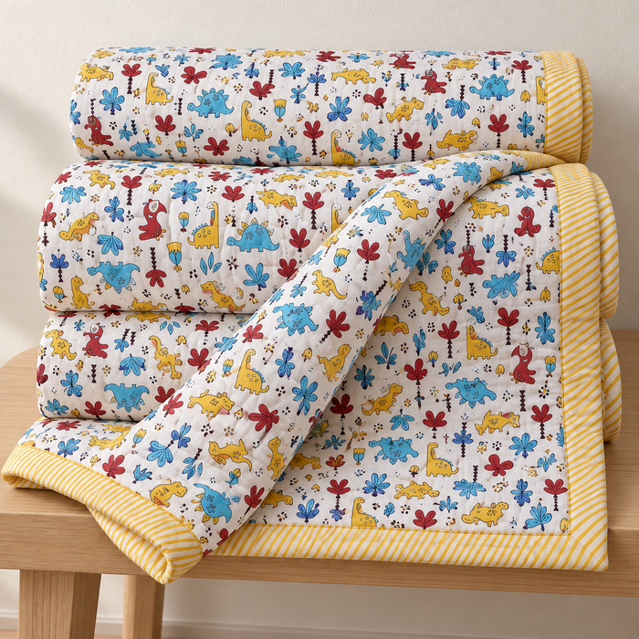 Yellow Dino Print Soft Malmal Kids Single Bed Razai – 100% Cotton