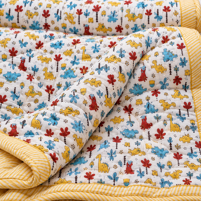 Yellow Dino Print Soft Malmal Kids Single Bed Razai – 100% Cotton