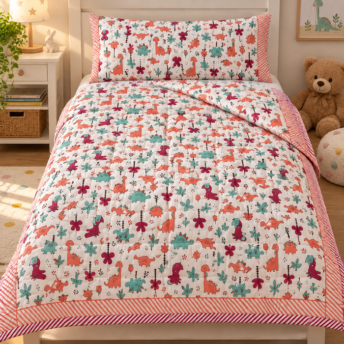 Pink Dino Print Soft Malmal Kids Single Bed Razai – 100% Cotton