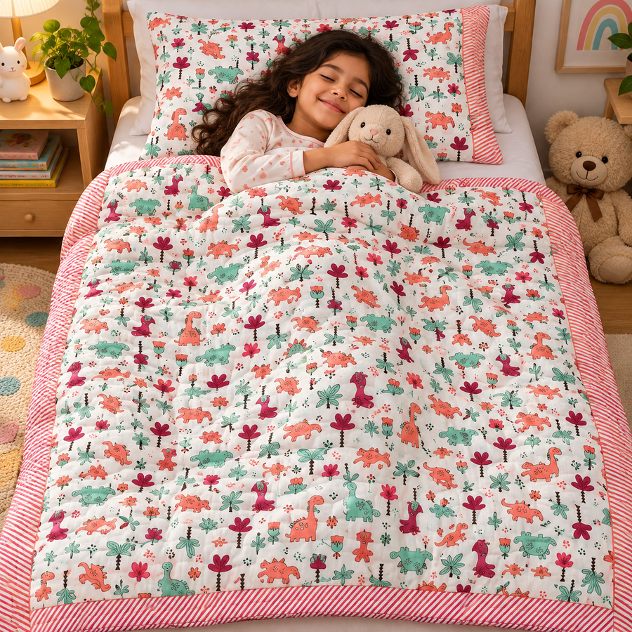 Pink Dino Print Soft Malmal Kids Single Bed Razai – 100% Cotton