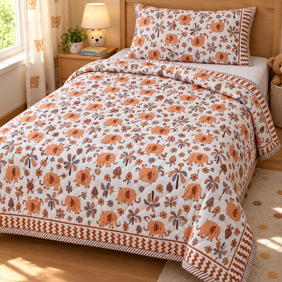 Rust Elephant Print Soft Malmal Kids Single Bed Razai – 100% Cotton