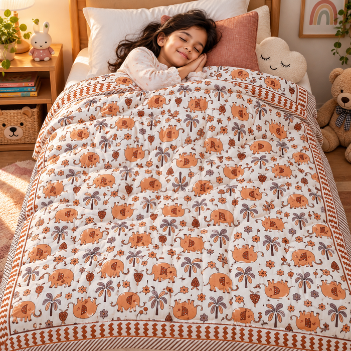 Rust Elephant Print Soft Malmal Kids Single Bed Razai – 100% Cotton