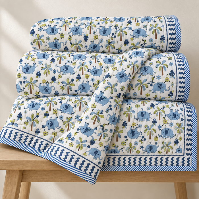 Blue Elephant Print Soft Malmal Kids Single Bed Razai – 100% Cotton