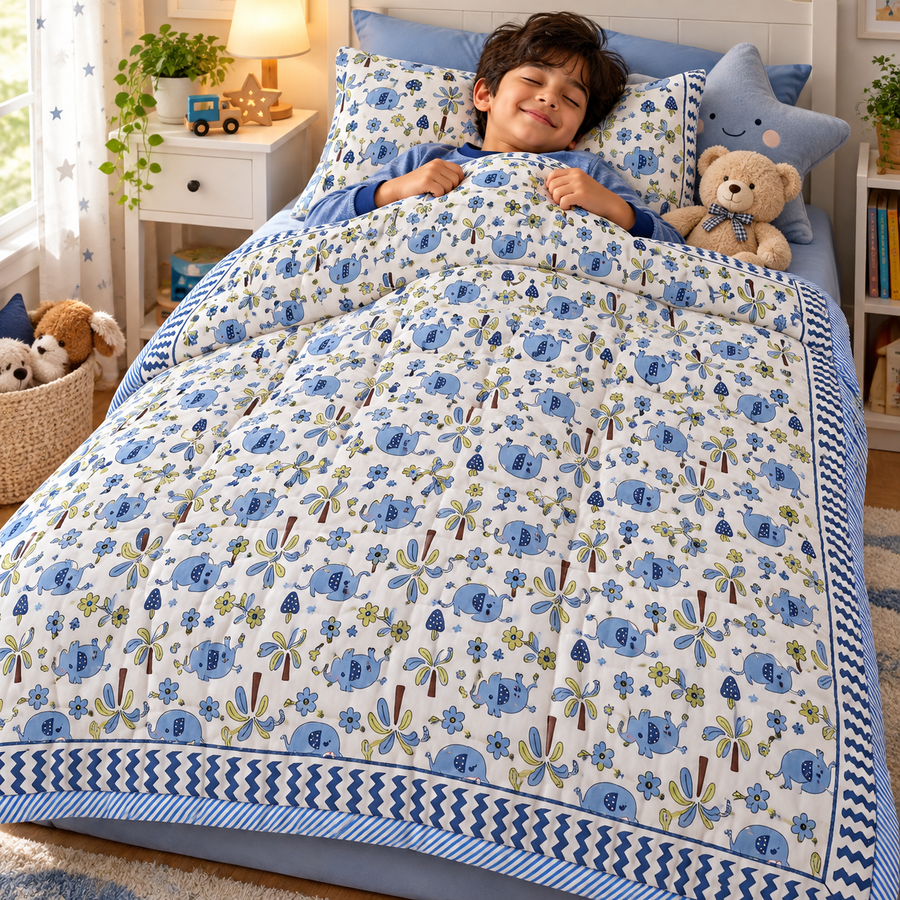Blue Elephant Print Soft Malmal Kids Single Bed Razai – 100% Cotton