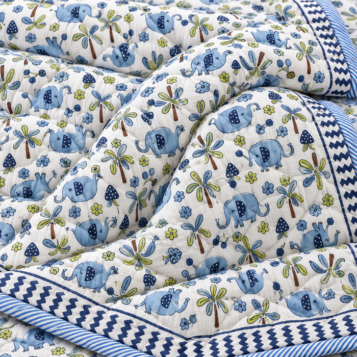 Blue Elephant Print Soft Malmal Kids Single Bed Razai – 100% Cotton