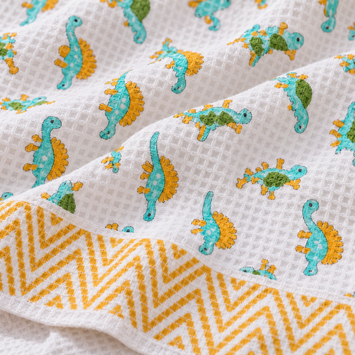Aqua Dino Print Hand Block Printed Kids Bath Towel – Waffle Cotton