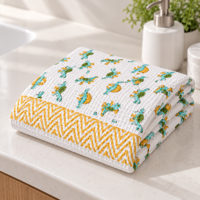 Aqua Dino Print Hand Block Printed Kids Bath Towel – Waffle Cotton