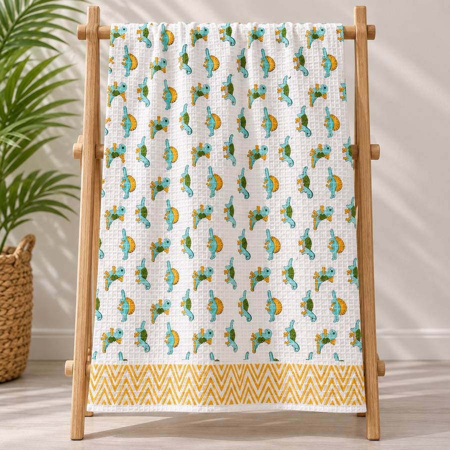Aqua Dino Print Hand Block Printed Kids Bath Towel – Waffle Cotton