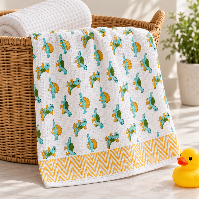 Aqua Dino Print Hand Block Printed Kids Bath Towel – Waffle Cotton