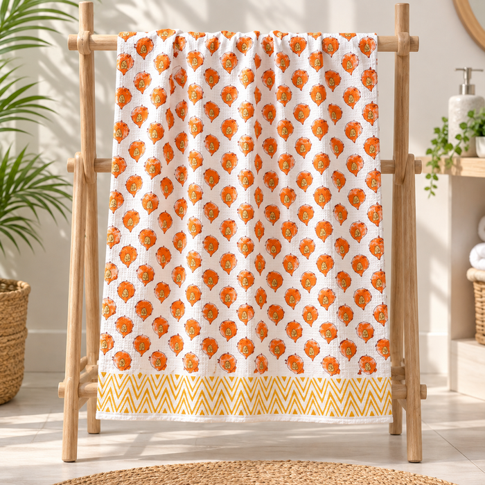 Orange Chick Print Hand Block Printed Kids Bath Towel – Waffle Cotton