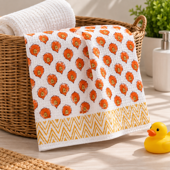 Orange Chick Print Hand Block Printed Kids Bath Towel – Waffle Cotton