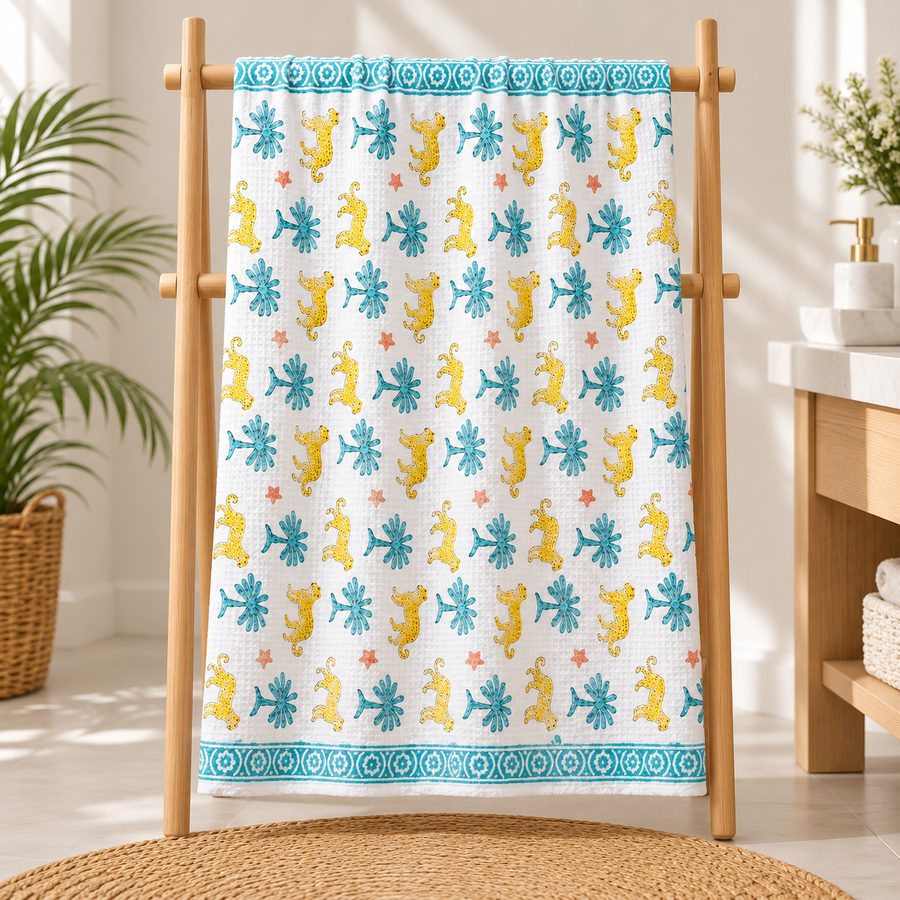 Yellow Leopard Print Hand Block Printed Kids Bath Towel – Waffle Cotton