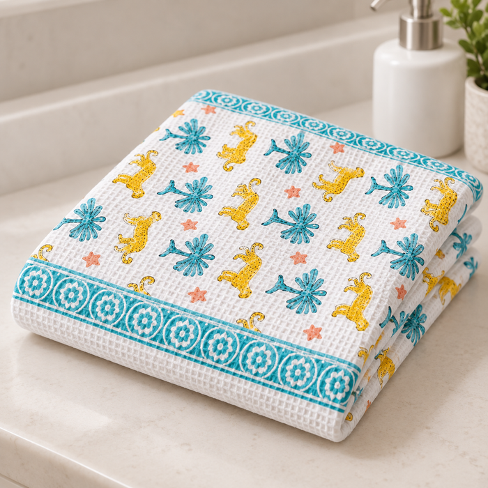 Yellow Leopard Print Hand Block Printed Kids Bath Towel – Waffle Cotton