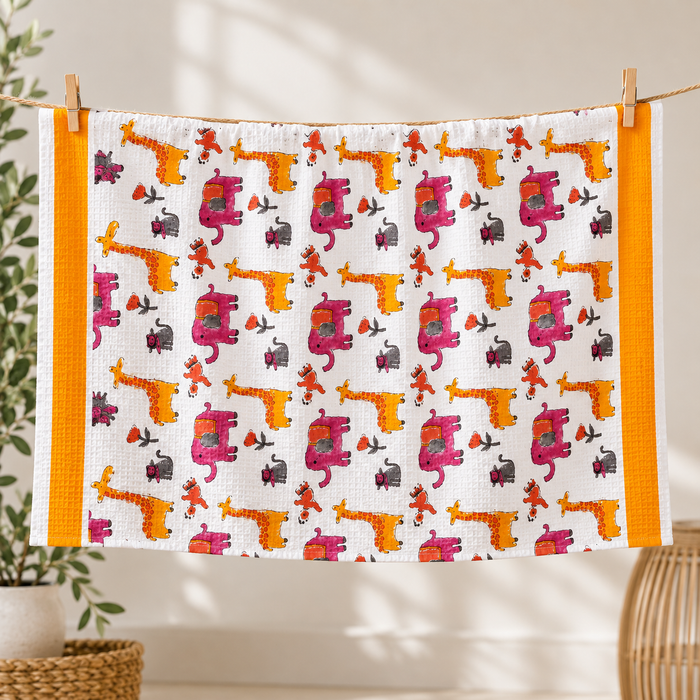 Giraffe Elephant Print Hand Block Printed Kids Bath Towel – Waffle Cotton