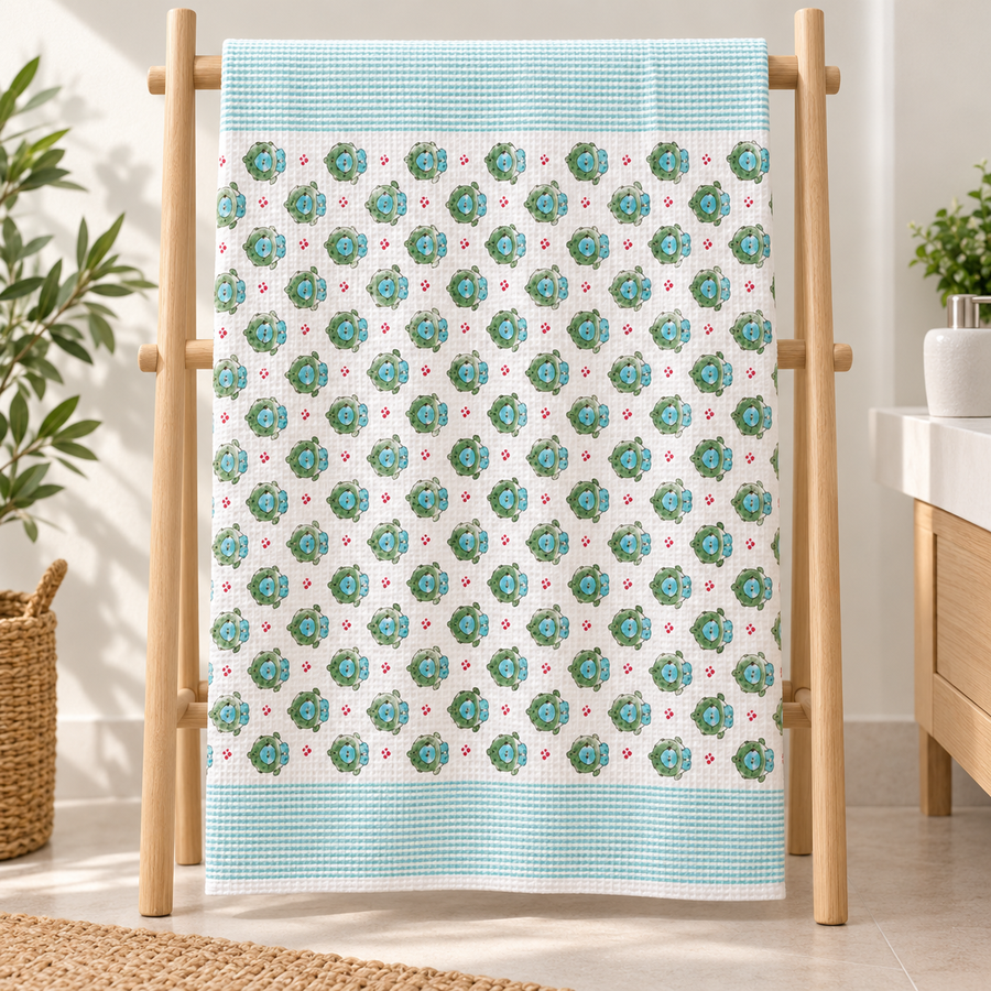 Green Turtle Print Hand Block Printed Kids Bath Towel – Waffle Cotton