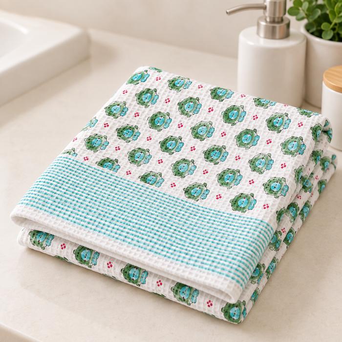 Green Turtle Print Hand Block Printed Kids Bath Towel – Waffle Cotton