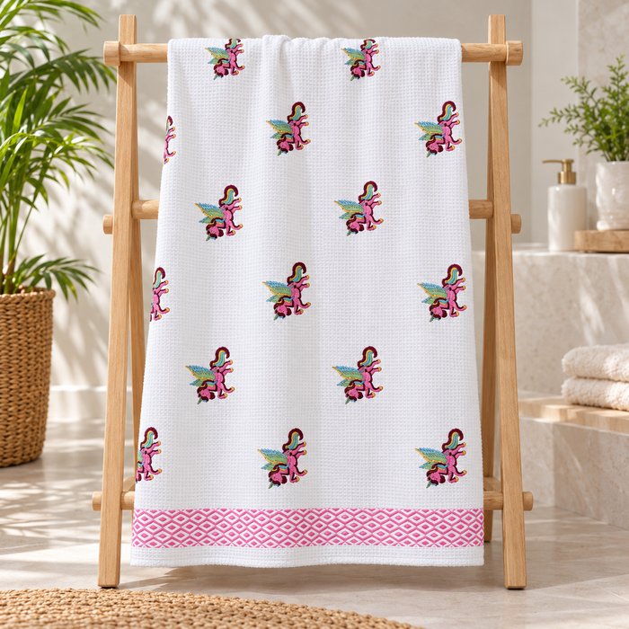 Pink Winged Creature Print Hand Block Printed Kids Bath Towel – Waffle Cotton