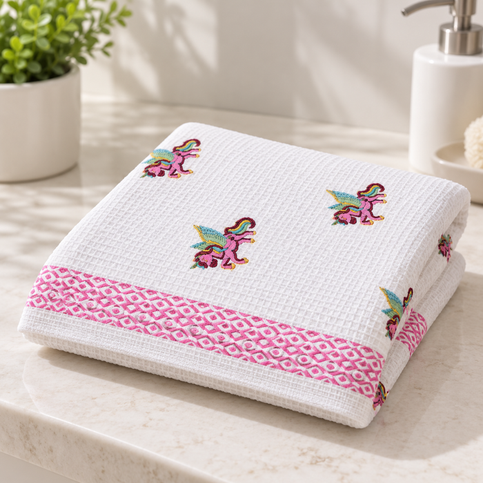 Pink Winged Creature Print Hand Block Printed Kids Bath Towel – Waffle Cotton