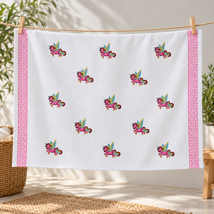 Pink Winged Creature Print Hand Block Printed Kids Bath Towel – Waffle Cotton