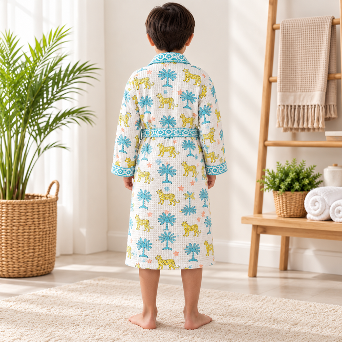 Yellow Leopard Print Hand Block Printed Kids Bathrobe – Waffle Cotton