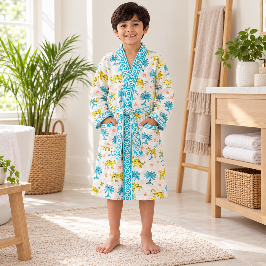 Yellow Leopard Print Hand Block Printed Kids Bathrobe – Waffle Cotton