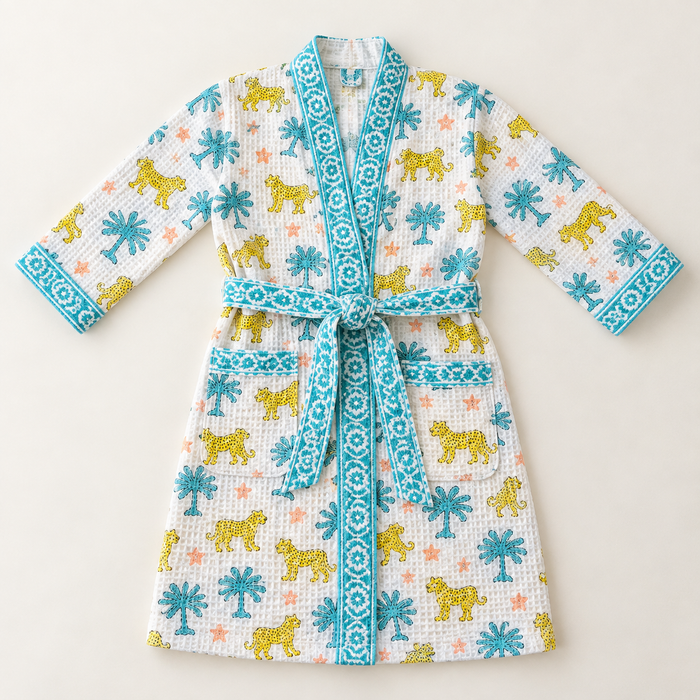 Yellow Leopard Print Hand Block Printed Kids Bathrobe – Waffle Cotton