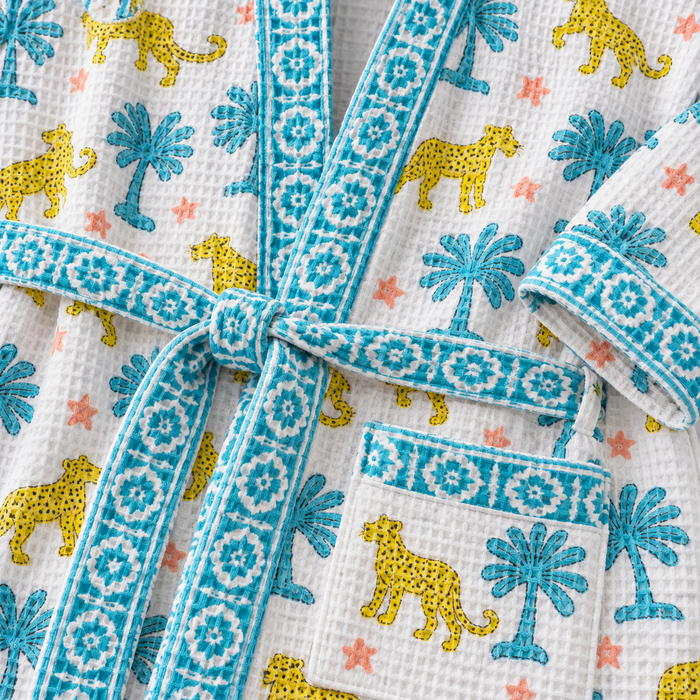 Yellow Leopard Print Hand Block Printed Kids Bathrobe – Waffle Cotton