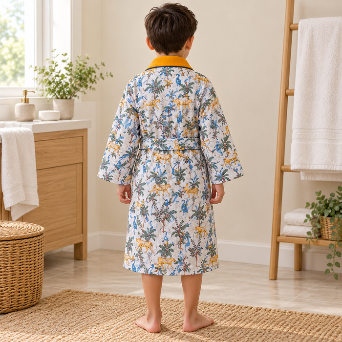 Tiger Jungle Print Hand Block Printed Kids Bathrobe – Waffle Cotton