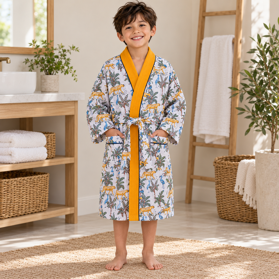 Tiger Jungle Print Hand Block Printed Kids Bathrobe – Waffle Cotton