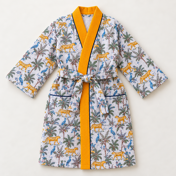 Tiger Jungle Print Hand Block Printed Kids Bathrobe – Waffle Cotton