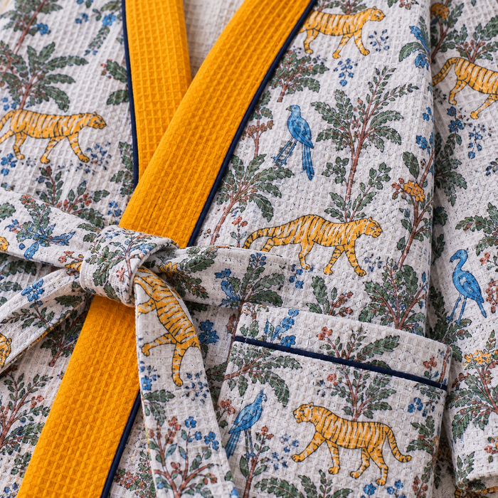 Tiger Jungle Print Hand Block Printed Kids Bathrobe – Waffle Cotton