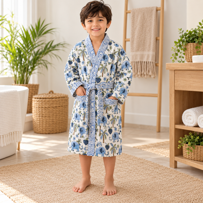 Blue Elephant Print Hand Block Printed Kids Bathrobe – Waffle Cotton