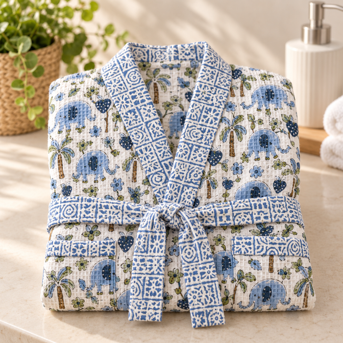 Blue Elephant Print Hand Block Printed Kids Bathrobe – Waffle Cotton