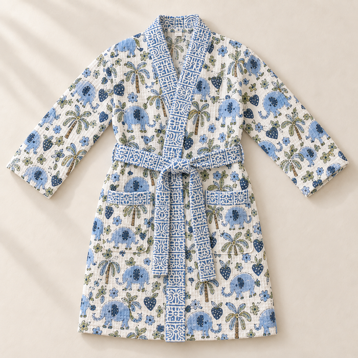 Blue Elephant Print Hand Block Printed Kids Bathrobe – Waffle Cotton