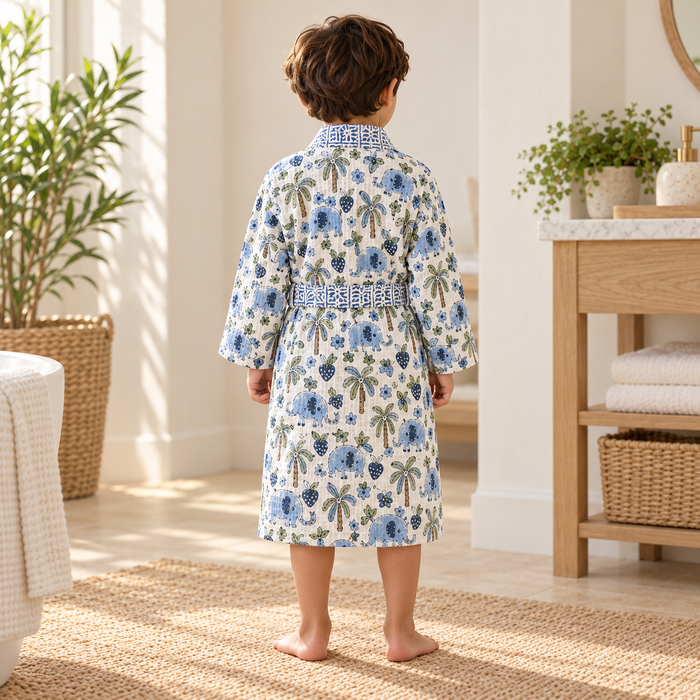 Blue Elephant Print Hand Block Printed Kids Bathrobe – Waffle Cotton