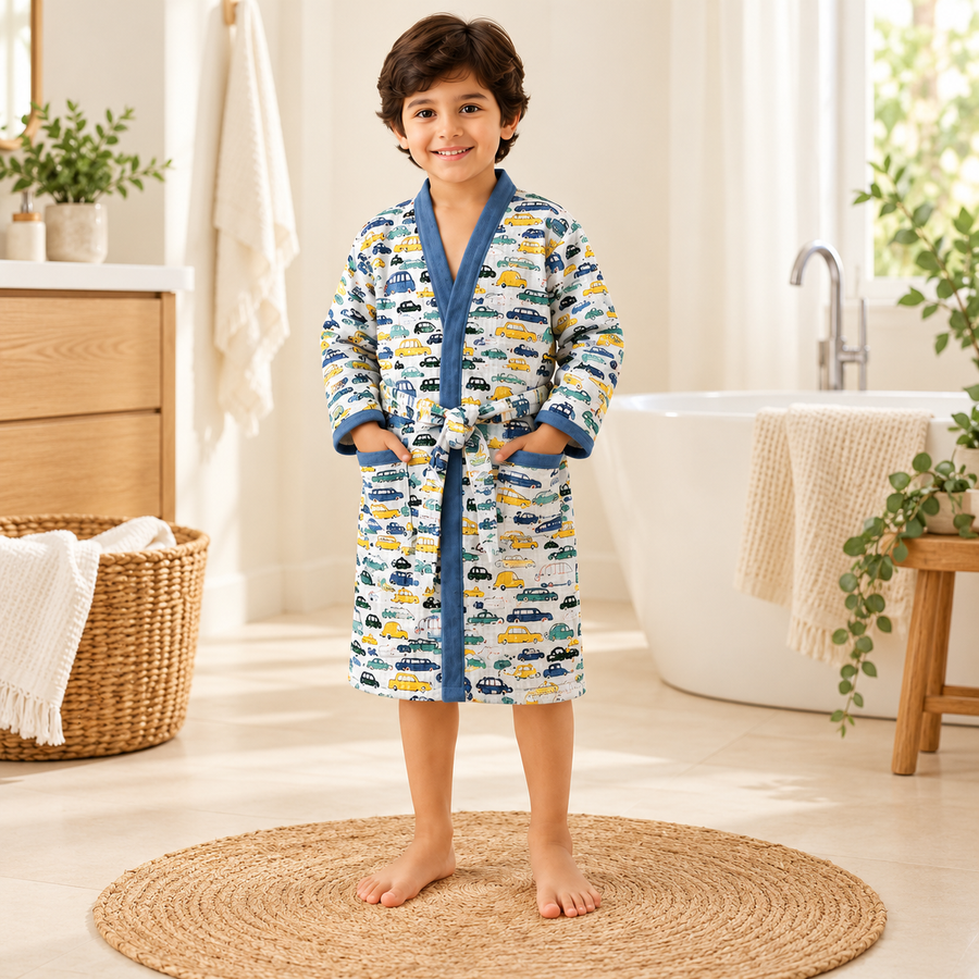 Colourful Cars Print Hand Block Printed Kids Bathrobe – Waffle Cotton