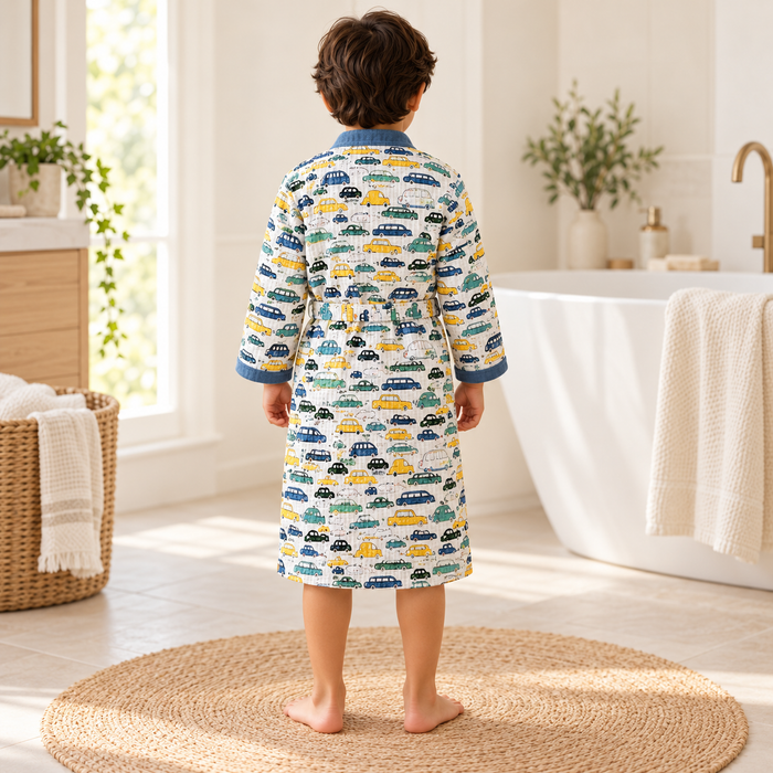 Colourful Cars Print Hand Block Printed Kids Bathrobe – Waffle Cotton