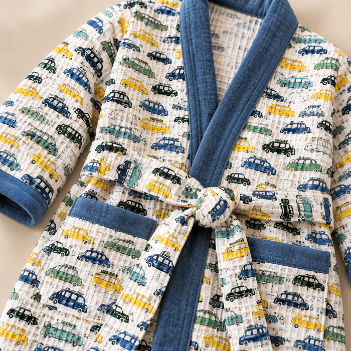 Colourful Cars Print Hand Block Printed Kids Bathrobe – Waffle Cotton