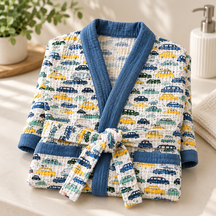 Colourful Cars Print Hand Block Printed Kids Bathrobe – Waffle Cotton