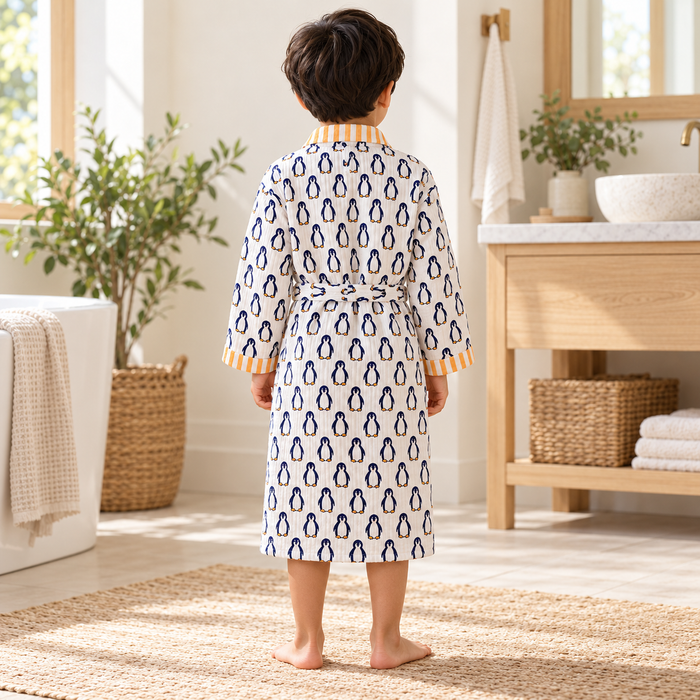 Navy Penguin Print Hand Block Printed Kids Bathrobe – Waffle Cotton