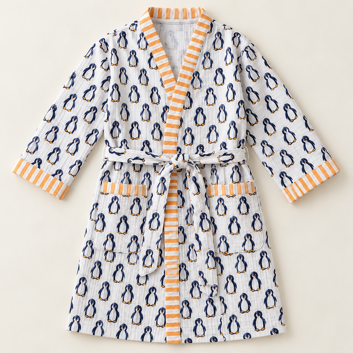 Navy Penguin Print Hand Block Printed Kids Bathrobe – Waffle Cotton
