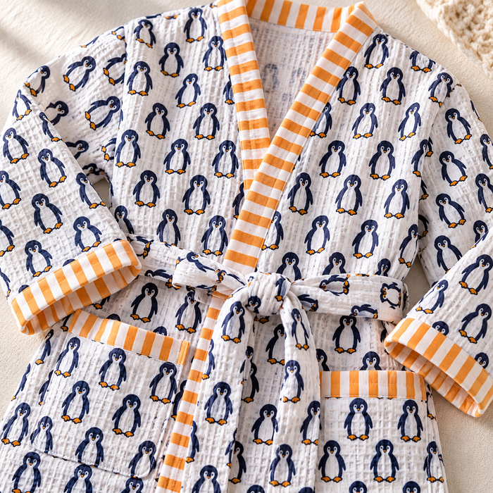 Navy Penguin Print Hand Block Printed Kids Bathrobe – Waffle Cotton