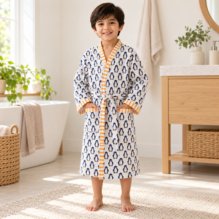Navy Penguin Print Hand Block Printed Kids Bathrobe – Waffle Cotton