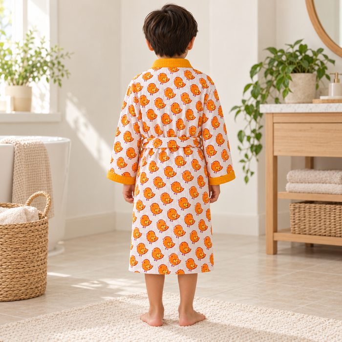 Orange Chick Print Hand Block Printed Kids Bathrobe – Waffle Cotton