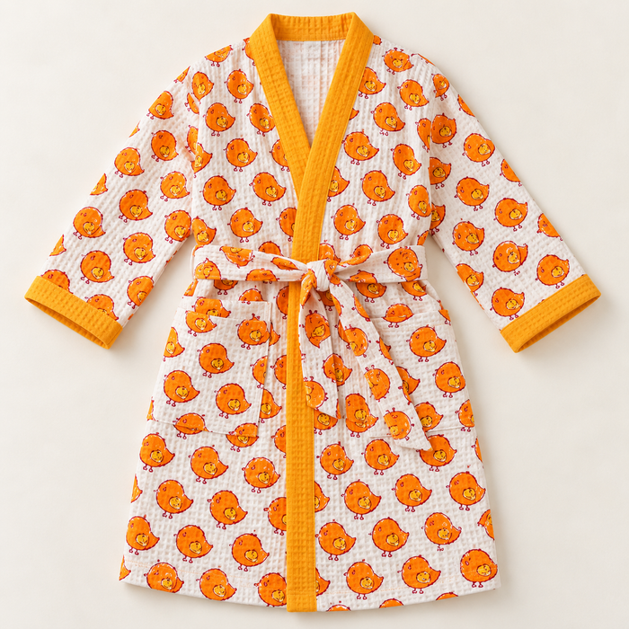Orange Chick Print Hand Block Printed Kids Bathrobe – Waffle Cotton
