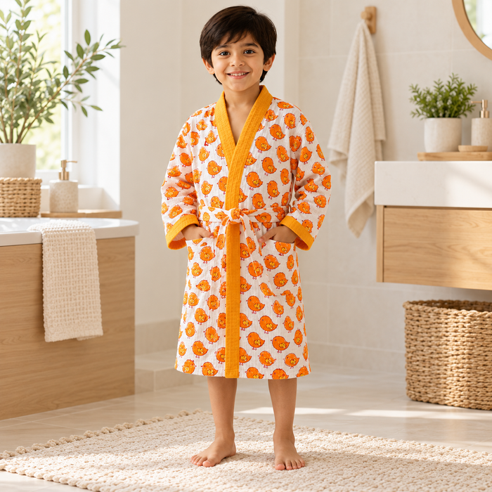 Orange Chick Print Hand Block Printed Kids Bathrobe – Waffle Cotton