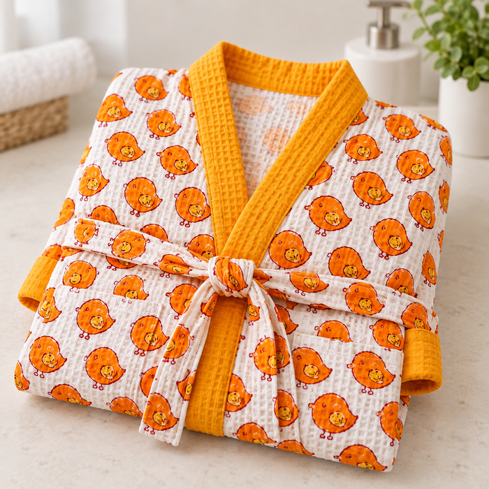 Orange Chick Print Hand Block Printed Kids Bathrobe – Waffle Cotton