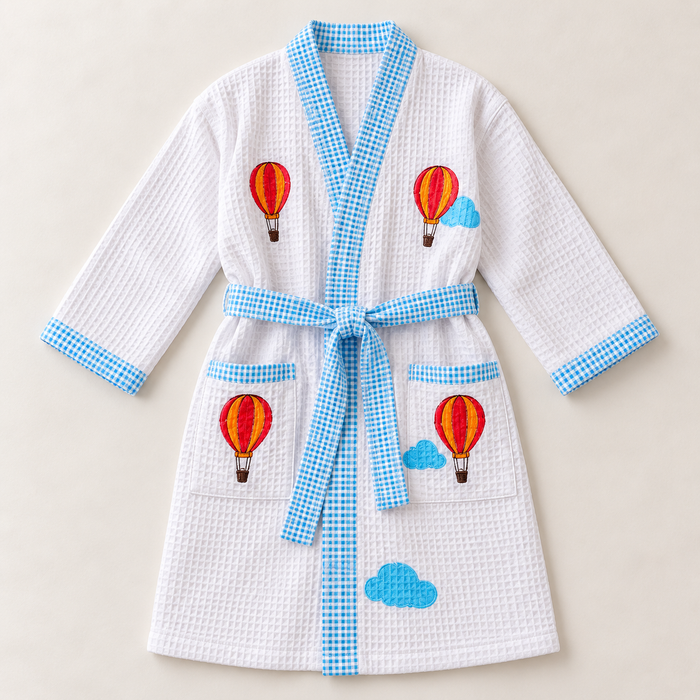 Hot Air Balloon Print Hand Block Printed Kids Bathrobe – Waffle Cotton