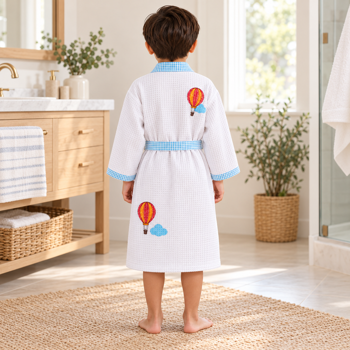 Hot Air Balloon Print Hand Block Printed Kids Bathrobe – Waffle Cotton