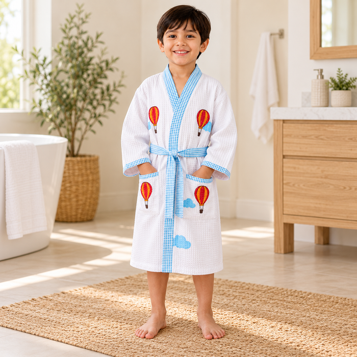 Hot Air Balloon Print Hand Block Printed Kids Bathrobe – Waffle Cotton